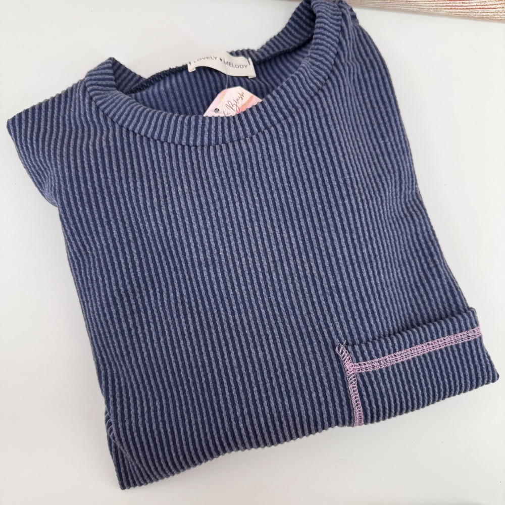 Lovely Melody Navy Blue Striped Ribbed Knit Top Long Sleeve Button Tab Pocket